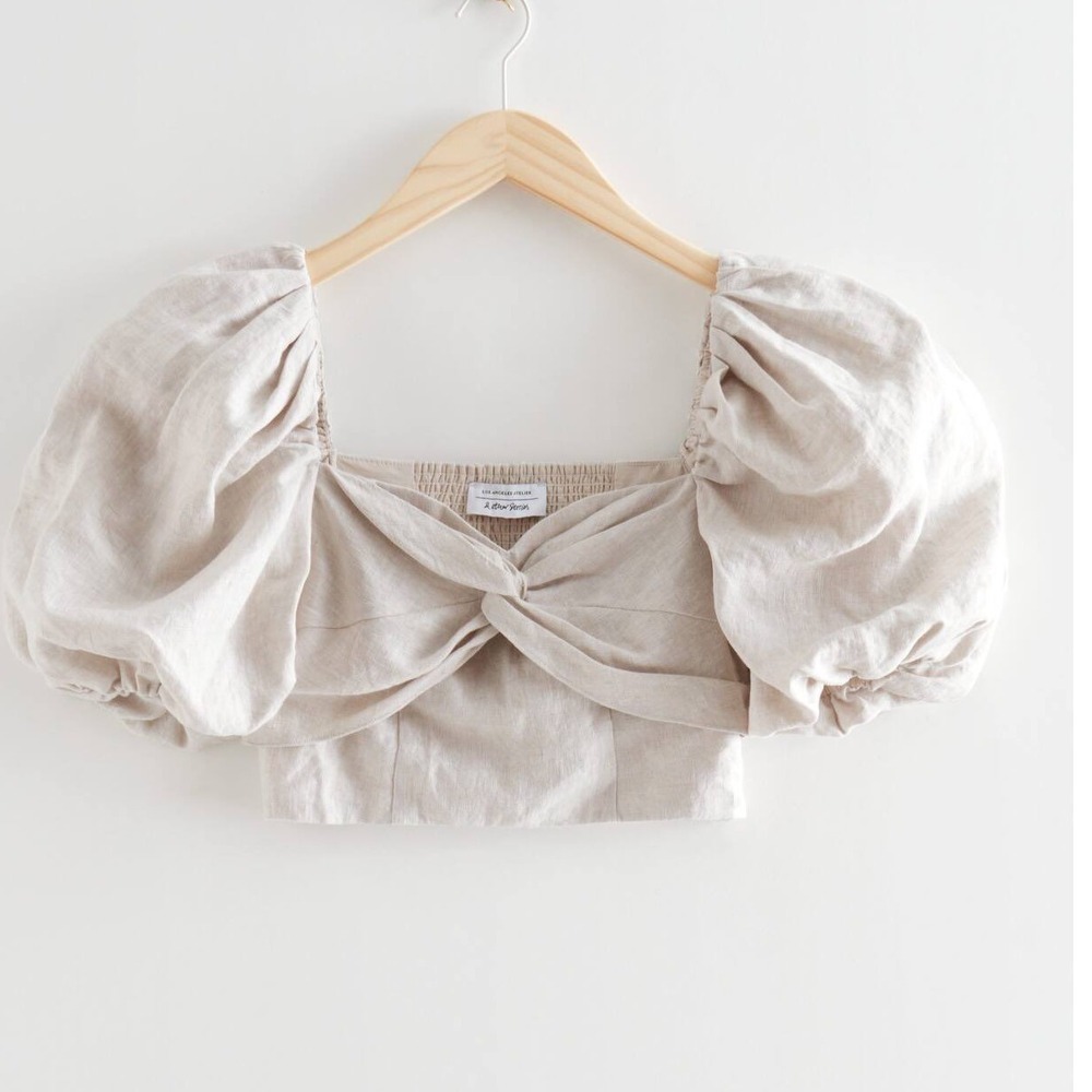 & Other Stories Puff Sleeve Top Beige Linen Blend Smocked‎ Bodice Crop Top